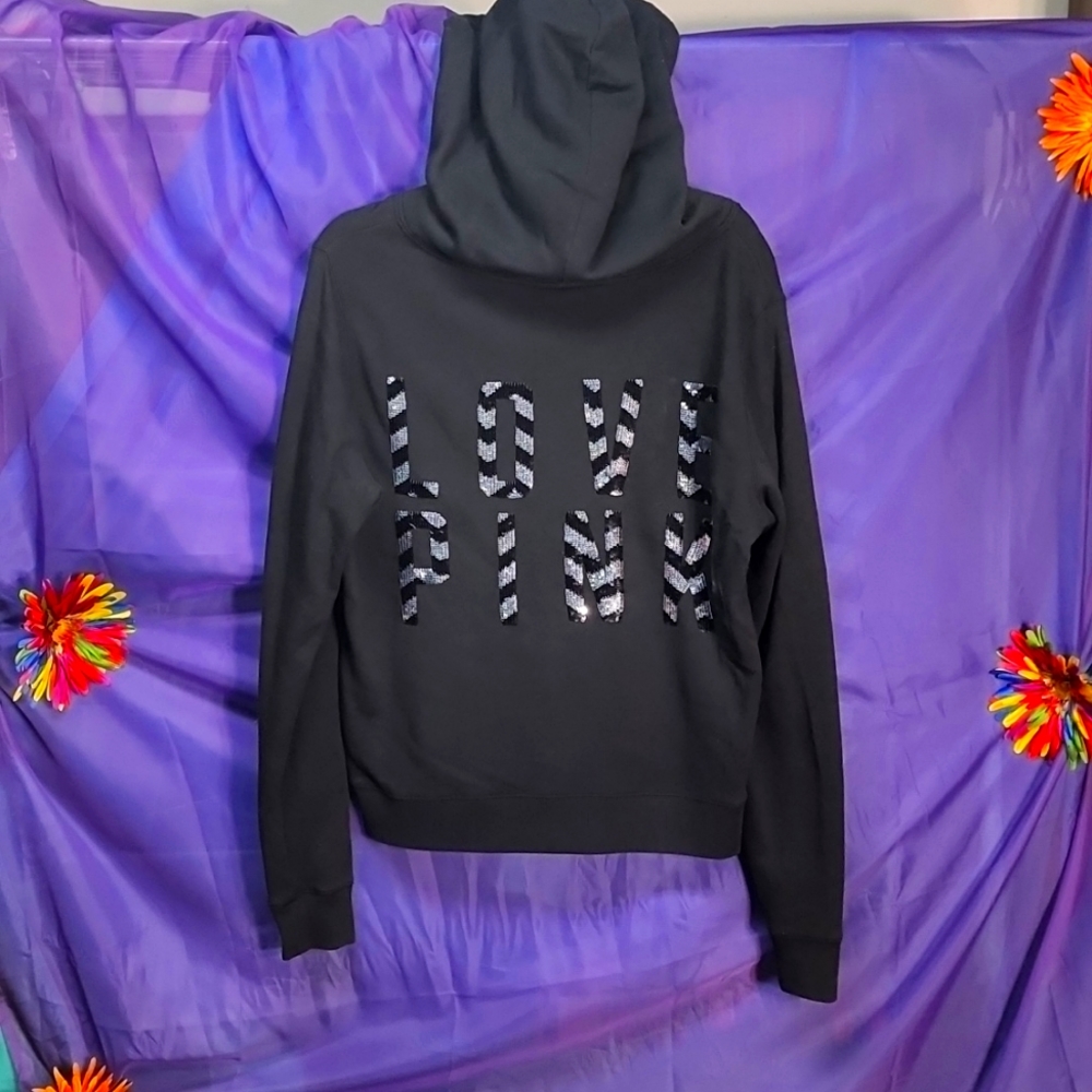 VS PINK - Black Zip Up Hoodie With Black And Silver Striped Bling - Size Large